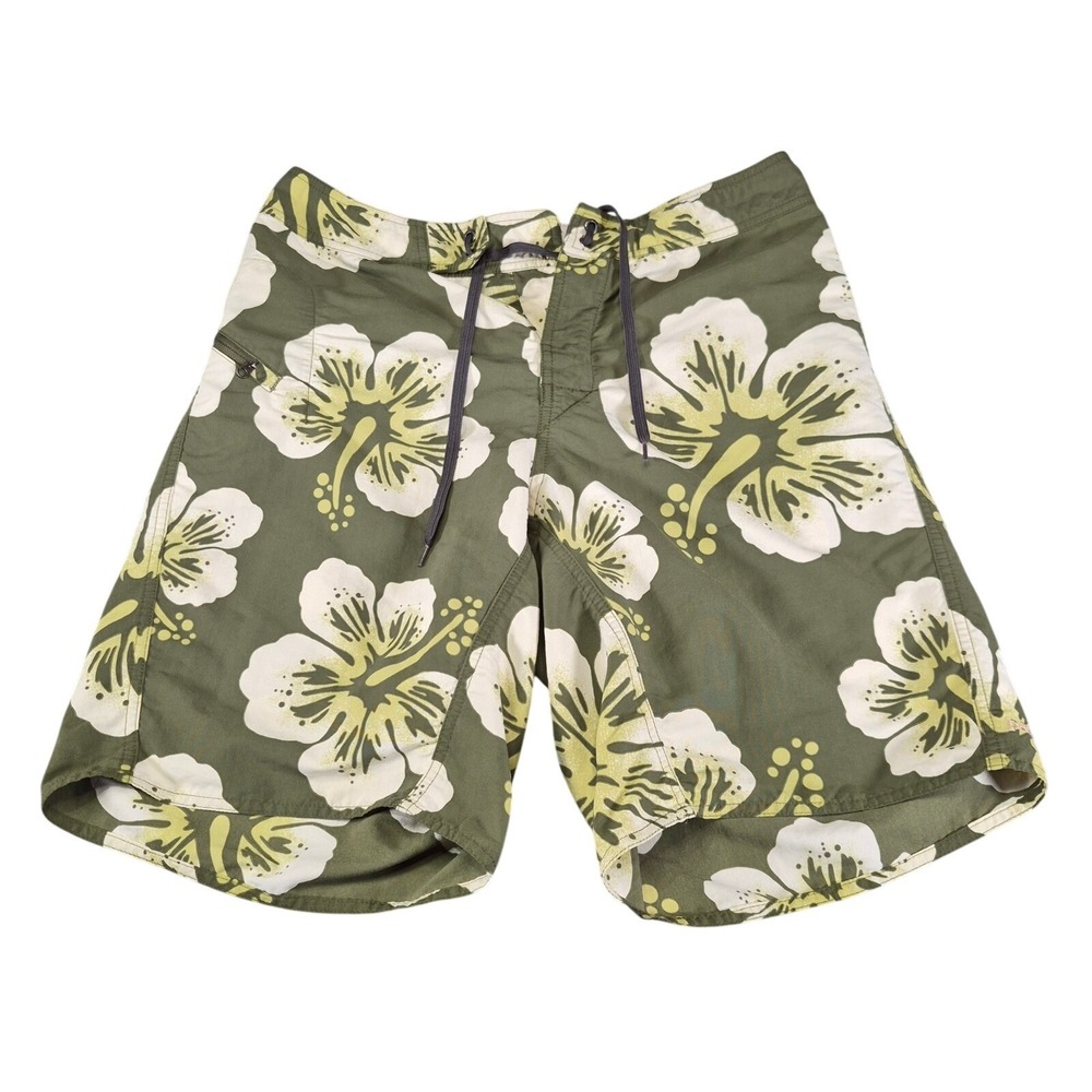 Patagonia Women Olive Green Hibiscus Floral Board Shorts Size 30 Drawstring Surf